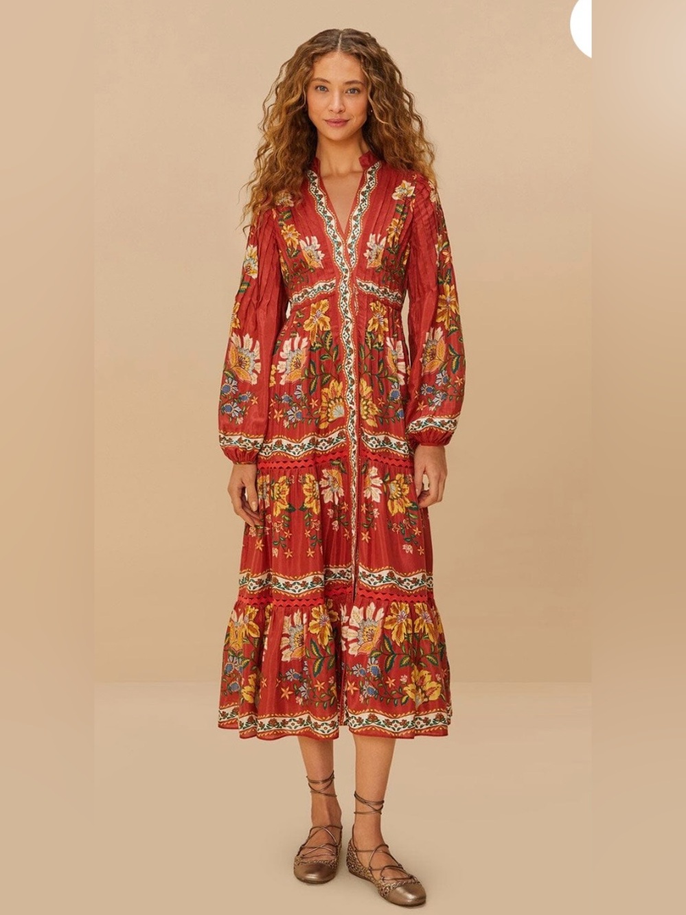 FARM Rio Garden Delight Long Sleeve Midi Dress in Garden Delight Red Size M. NWT